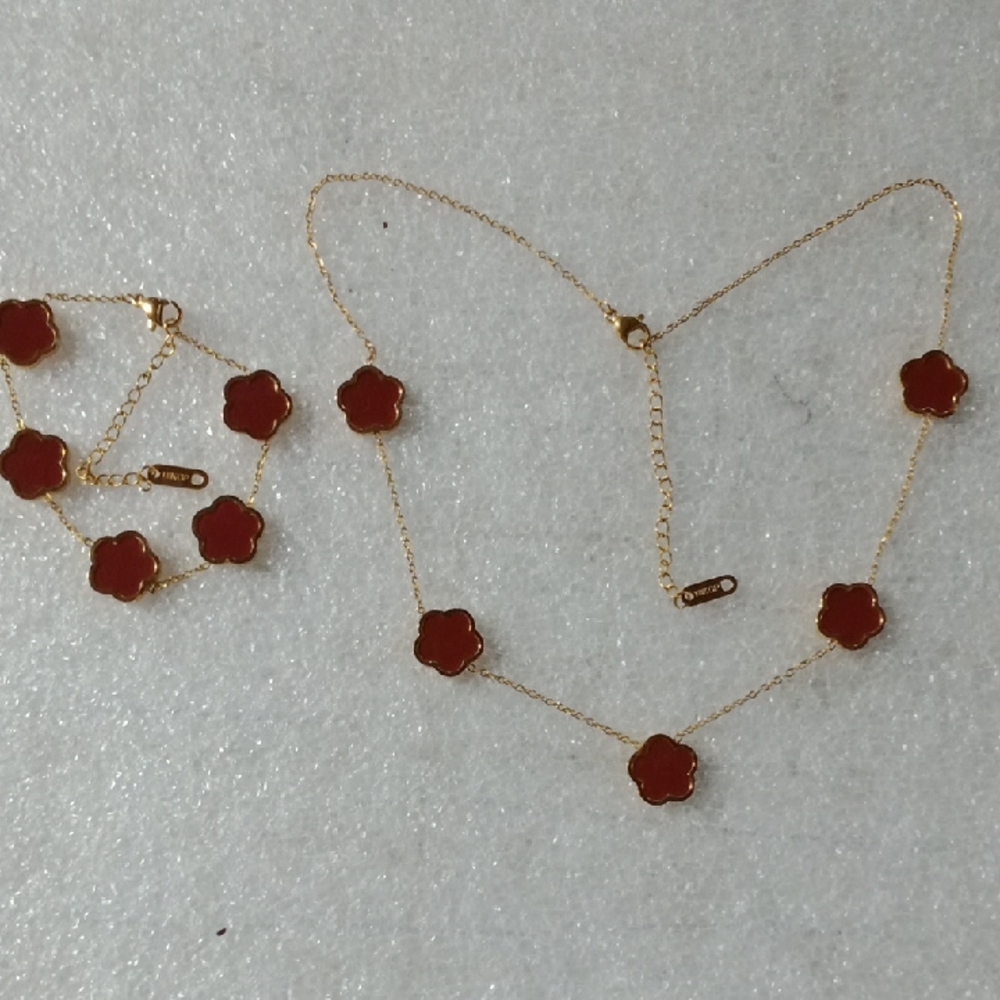 18 K GP Red Floral Necklace And Bracelet Set #A396
